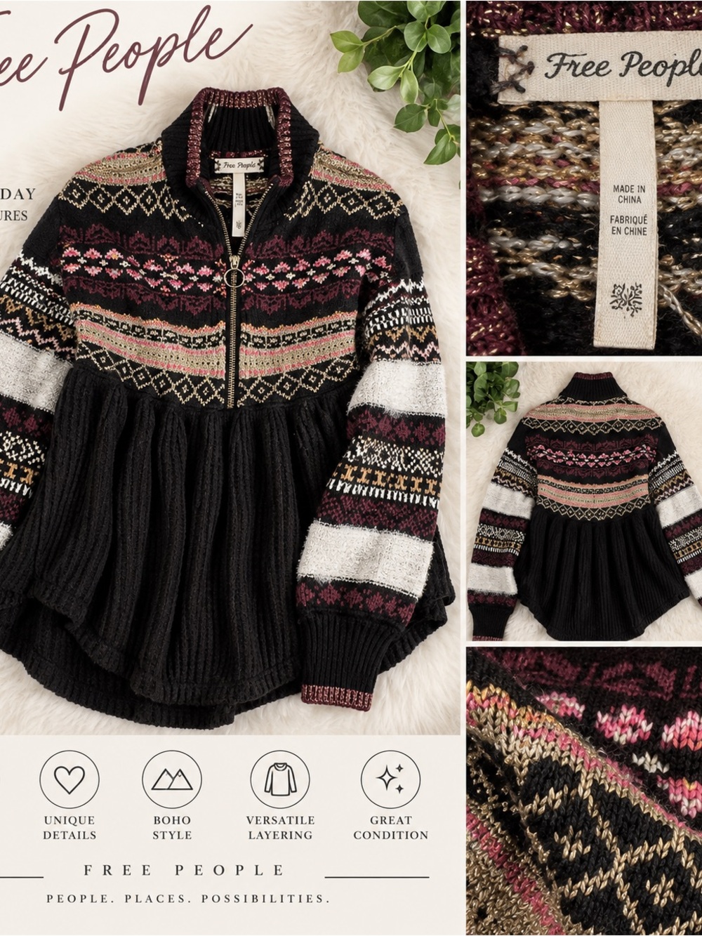 Free People Black Fair Isle Zip-Front Sweater